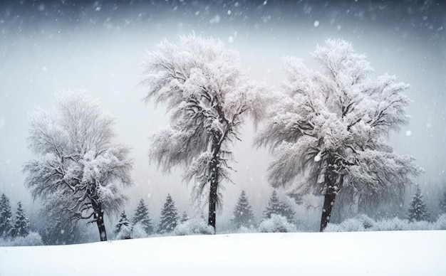 Pini ricoperti di neve la sera gelida Bellissimo inverno IA generativa