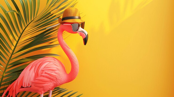 Pink flamingo with sunglasses and hat under palm leaf