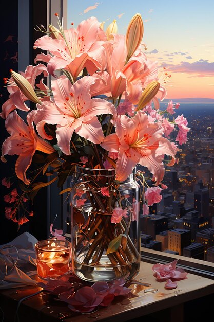 pink_lilies_arranged_in_a_vase_in_modern_apartment_in_ne