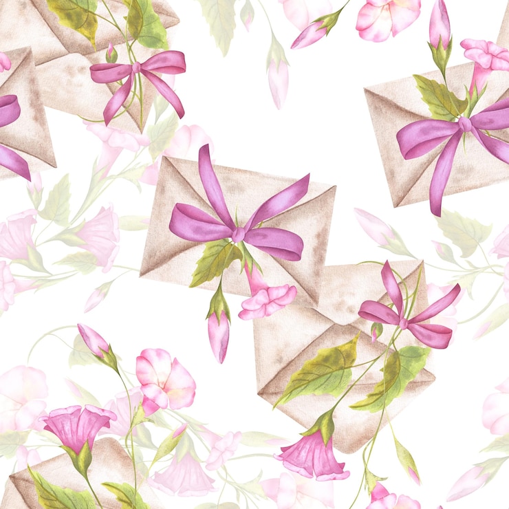 Foto pink morning glory convolvulus buste postali e nastro disegno senza cuciture disegnato a mano con