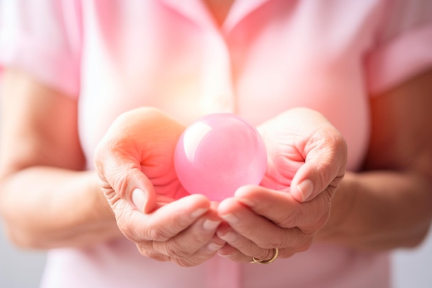 Pink October Donna che indossa una camicia rosa e tiene in mano qualcosa di simbolico che mostra il sostegno alla campagna di sensibilizzazione sul cancro al seno Movimento internazionale contro il cancro al seno Generato da AI