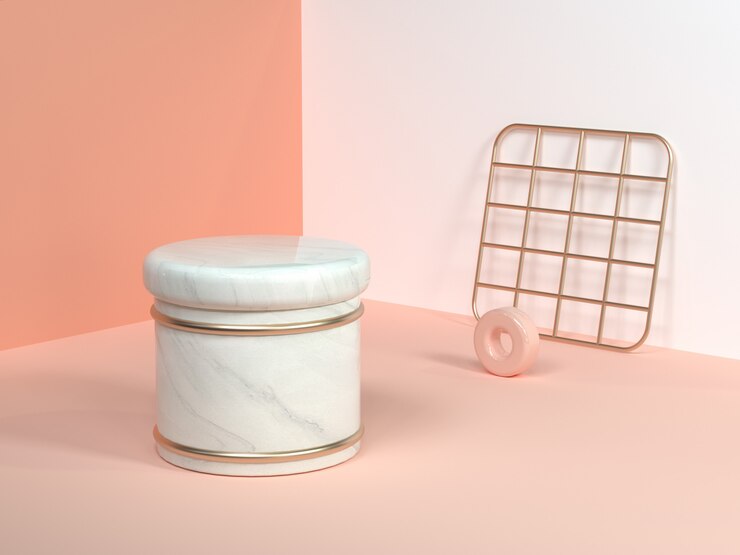 pink/orange/cream minimal scene wall corner abstract geometric shape white marble cylinder gold square net 3d rendering