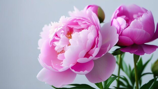 Pink peonies banner sul lato destro banner grigio sfondo solido spazio per testo copia spazio close u