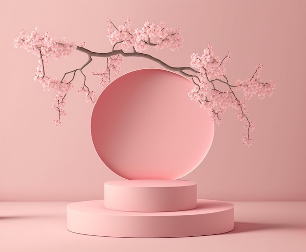 Pink Podium Display Sakura Pink Flower Background Promozione di cosmetici o prodotti di bellezza Fase floreale