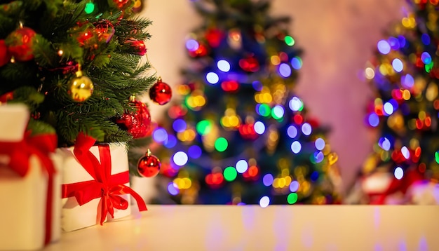 Pino di Natale tradizionale con decorazioni natalizie sullo sfondo e pila di regali