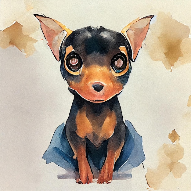 Pinscher in miniatura. Adorabile cagnolino. Illustrazione ad acquerello con macchie di colore. Tutti i cani di razza