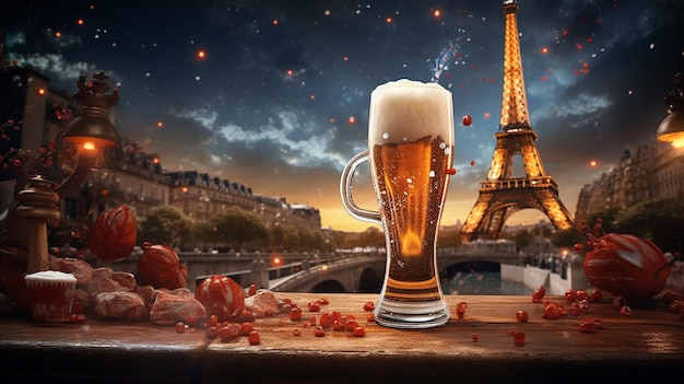 Pinta di birra davanti alla Torre Eiffel al tramonto a Parigi Francia