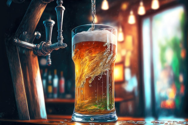 Pinta di birra versata dal rubinetto della birra nell'accogliente bar con vista sulla città
