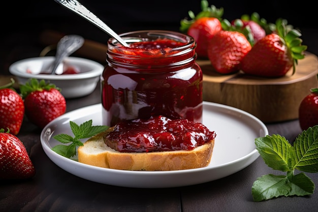 Pinta di marmellata di fragole fatta in casa su piatto bianco creato con ai generativo