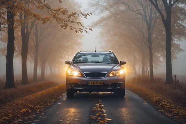 pioggia autunno fari auto autostrada nebbia sfondo ai generativo