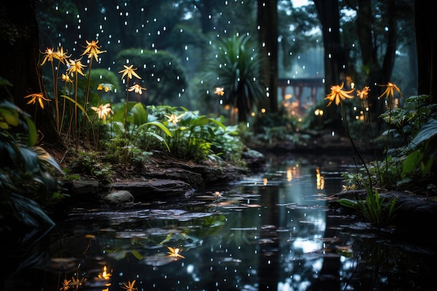 Pioggia di meteore illumina di notte il giardino botanico IA generativa