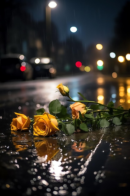 pioggia di rose gialle sulla strada di notte