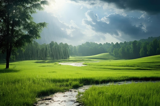 Pioggia estiva su un prato verde alla luce del sole