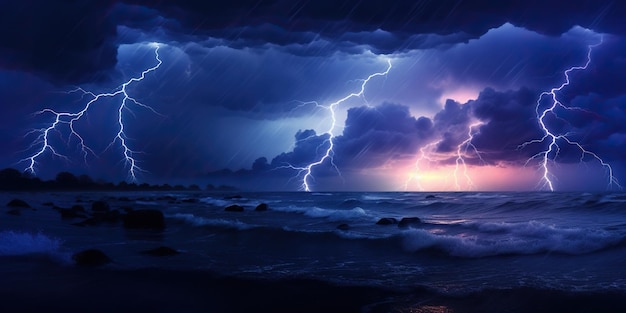 Pioggia, fulmini e temporali in mare durante il tramonto uno spettacolo della natura accattivante e impressionante che si fonde in una magica armonia AI Generative AI
