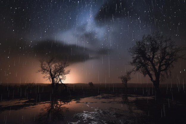 Pioggia meteorica sopra gli alberi Flusso di meteoriti Paesaggio con stelle cadenti IA generativa