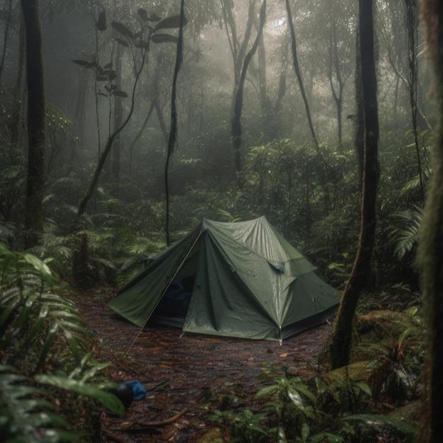 Pioggia sulla foresta La tenda dei turisti sotto la pioggia battente