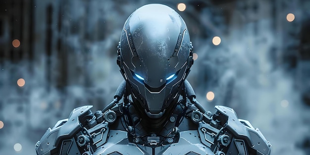 Pioniere nella sicurezza futuristica Cyborg avanzato nell'armatura metallica Concetto Sicurezza futuristica Innovazione tecnologica Cyborg Armor metallica avanzata