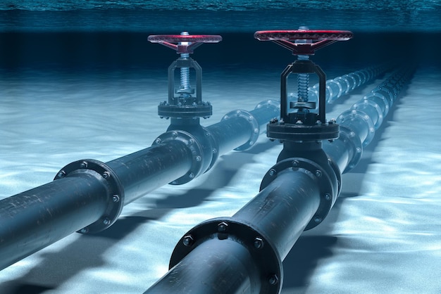 Pipeline che giace sul fondo dell'oceano rendering 3D subacqueo