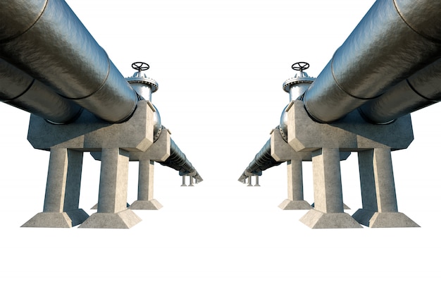 Pipeline isolata su un muro bianco, che trasporta petrolio e gas attraverso tubi. Tecnologia, politica, materie prime, economia. Copia spazio. Rendering 3D, illustrazione 3D.