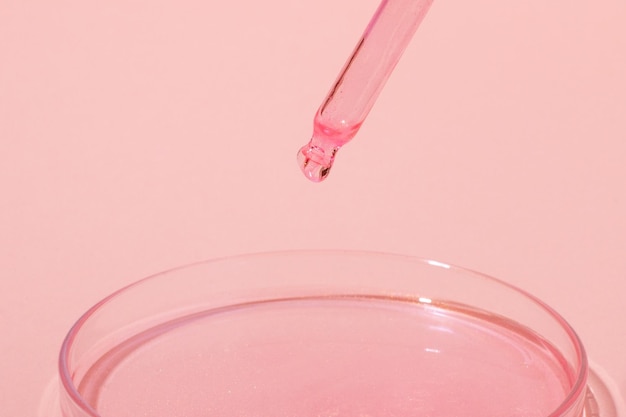 Pipetta con liquido rosa gocciolante O oro rosa In cima a una capsula di Petri con liquido rosa Su uno sfondo rosa Chimica di laboratorio medicina Ricerca cosmetica glitter