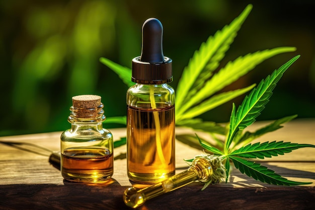 Pipetta con olio cosmetico di cannabis su un tavolo con foglie di canapa generate dall'AI