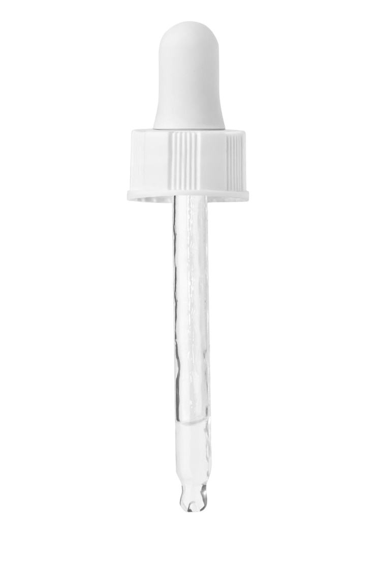Foto pipetta cosmetica con tappo bianco ad angolo con liquido gocciolante e scorrevole acido ialuronico siero per il viso idratante