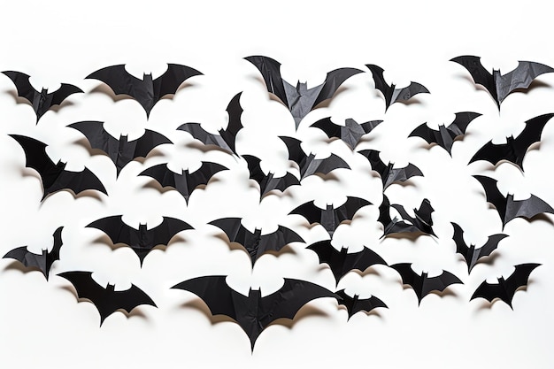 Pipistrelli di carta nera che volano su uno sfondo bianco un concetto di decorazione di Halloween