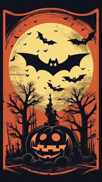 pipistrelli luna illustrazione di cartoline di libri retrò vintage anni '50 spaventoso costume di halloween sorriso paesaggio