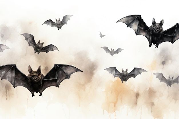 Pipistrelli su sfondo chiaro come illustrazione ad acquerello per il tema Halloween Divertenti pipistrelli volanti carini in stile acquerello Concetto di Happy Halloween