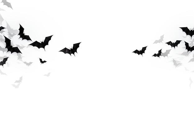 Pipistrelli volanti neri e ragni su sfondo bianco creano una spaventosa decorazione di Halloween