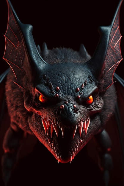 Pipistrello arrabbiato da vicino con gli occhi rossi su sfondo scuro