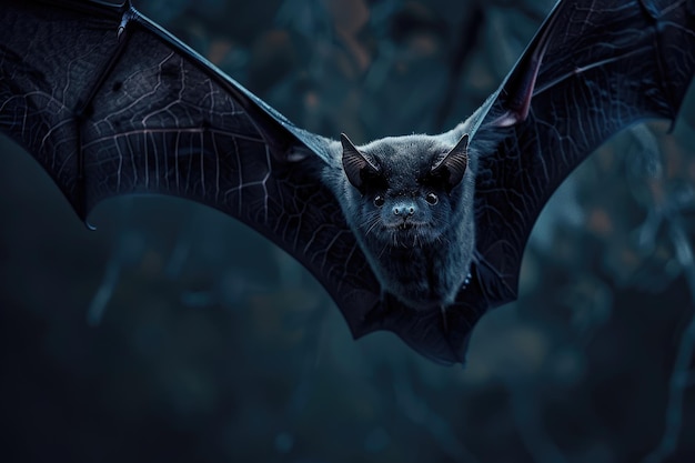 pipistrello volante con sguardo intenso nel buio