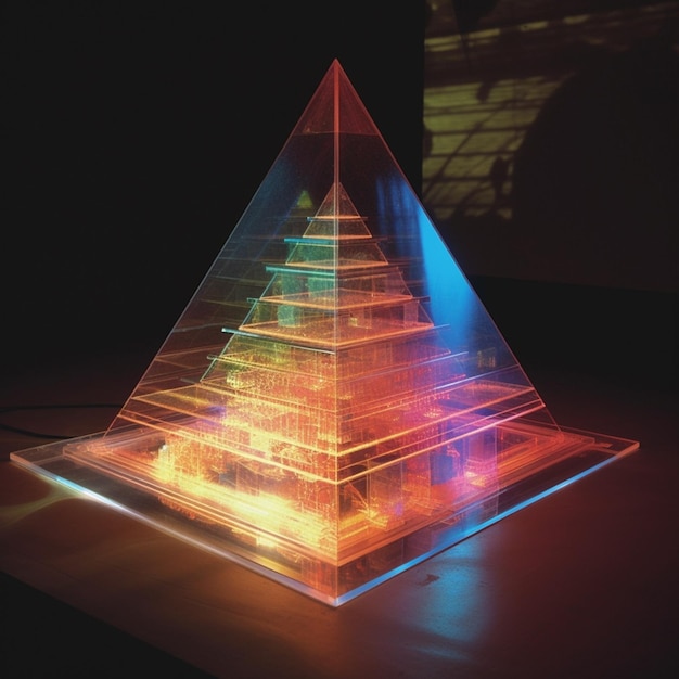 Piramide arafata di luci colorate su un tavolo con sfondo nero ai generativa