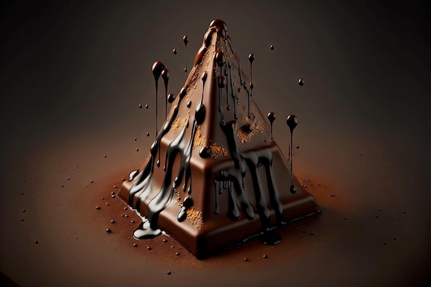 Piramide di cioccolato fondente con schizzi e gocce di cioccolato