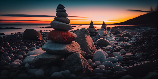 Piramide di pietre in riva al mare al tramonto AI generativo