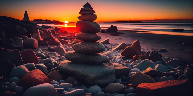 Piramide di pietre in riva al mare al tramonto AI generativo