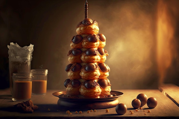 Piramide di profiterole con palline di cioccolato sul tavolo di legno