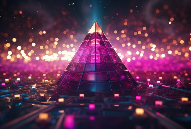 Piramide luminosa futuristica con luci Bokeh
