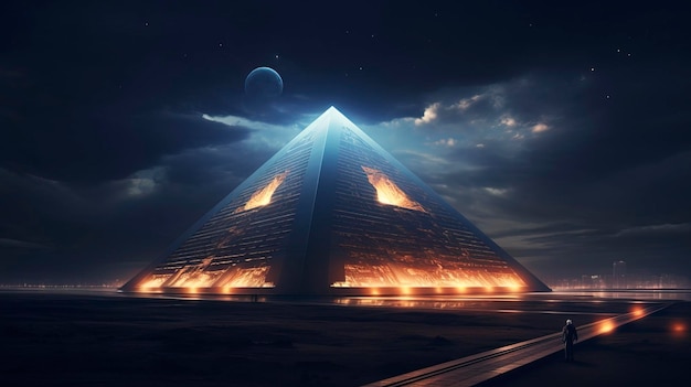 Piramidi egiziane vista notturna fantasia paesaggio egiziano antico generazione di AI