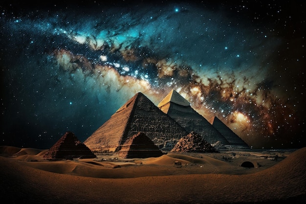 Piramidi nel deserto di notte Cielo stellato via lattea Immagine astratta nello stile del postimpressionismo IA generativa