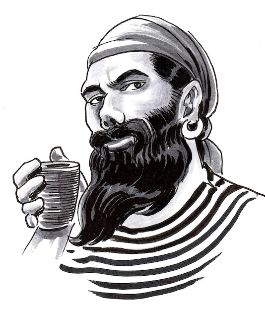 Pirata che beve rum. Disegno a inchiostro in bianco e nero