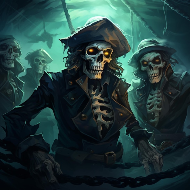 pirati in una nave pirata con occhi luminosi e teste scheletriche che generano un'intelligenza artificiale