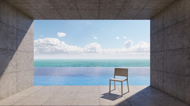 Piscina a sfioro con balcone in cemento e sedia bianca