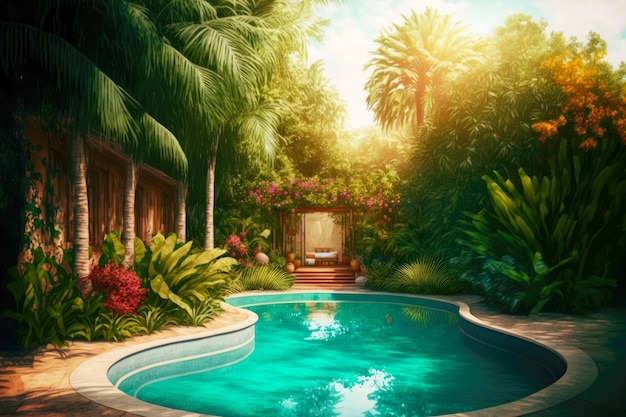 Piscina all'aperto per il relax in giardino con palme e piscina nel cortile
