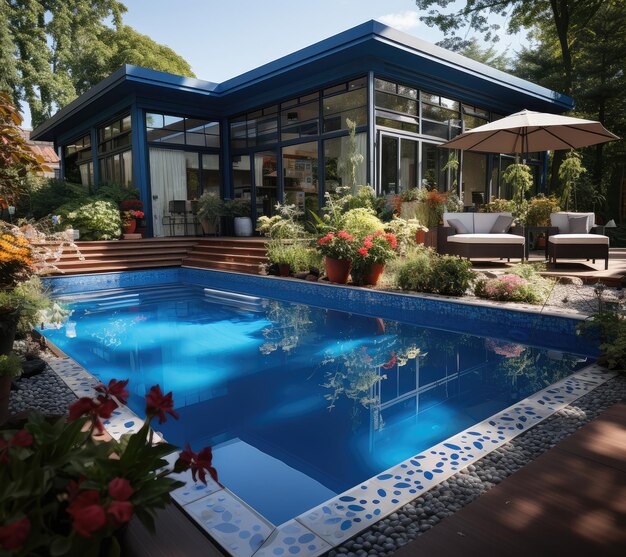 Piscina blu in un cortile di una casa moderna Primo piano estremo IA generativa