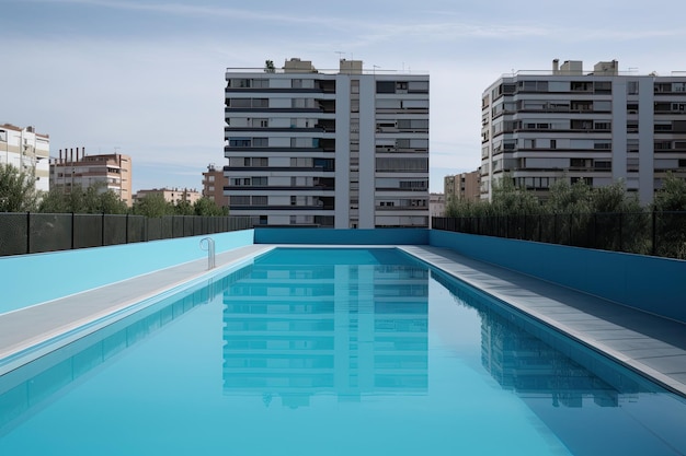 Piscina blu pulita e appetitosa pronta per tuffarsi nell'ambiente urbano IA generativa