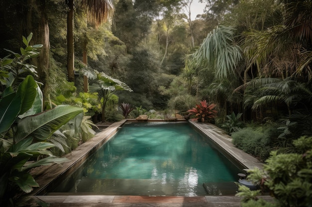 Piscina circondata da una vegetazione lussureggiante in un'oasi forestale serena