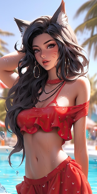 Piscina con atmosfera estiva in bikini con corpo sexy e simpatico personaggio di ragazza anime
