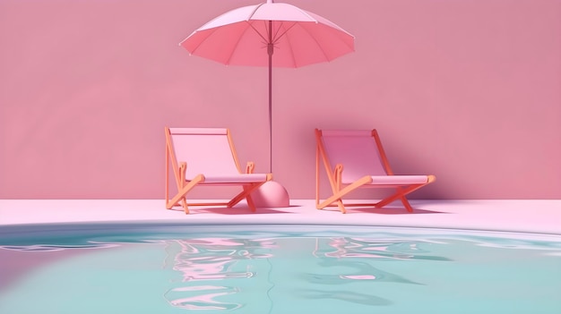 Piscina con ombrellone e sedie Concetto di vacanza estiva rosa AI generato