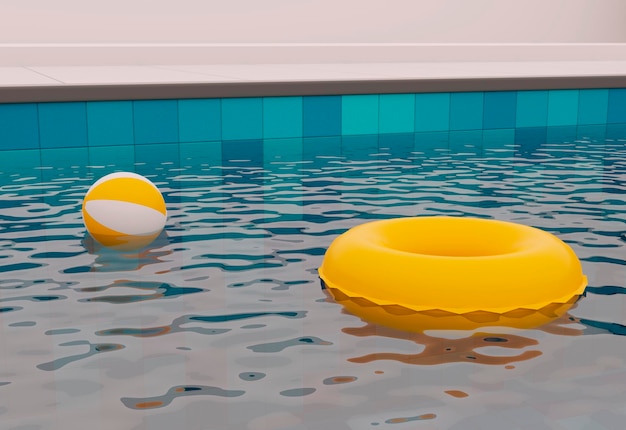 Piscina con piscina circolare e una parete di colore giallo palla gonfiabile e acqua realistica